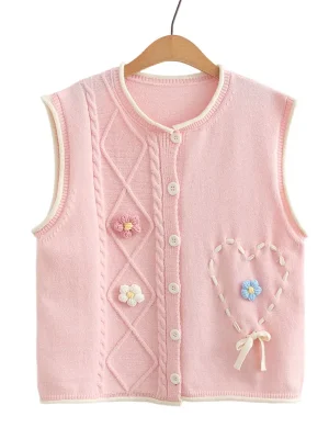 Sweet Flower Knit Sweater Vest For Women