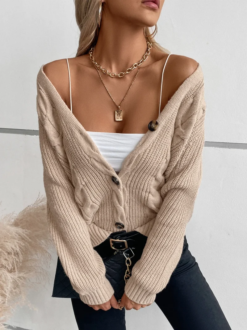 Solid Color Twists Knitted Cardigan Women Autumn - Image 12