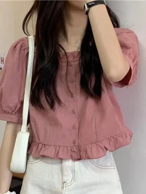 Pink Sweet Women Shirts Korean Preppy Style Ruffles Short Sleeve