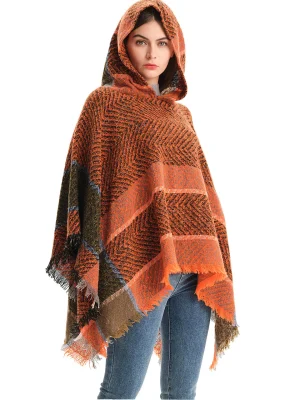 Winter Hooded Ponchos Over Coat For Women Loose Striped Capes