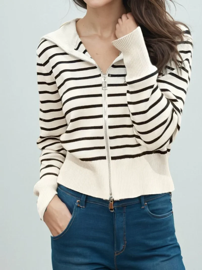 Women's Autumn Winter Black White Striped Hooded Zipper Cardigan Fashion