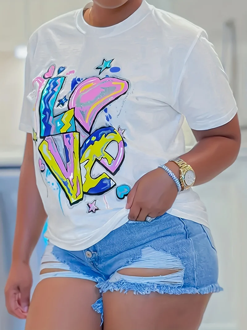 Women's Cotton T-shirt Plus Size Bottoming Shirt 3D LOVE Print Round Neck T-shirt