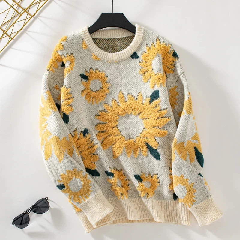 Sunflower Embroidered O-Neck Pullovers Women Long Sleeve Knitted Floral Sweaters - Image 10