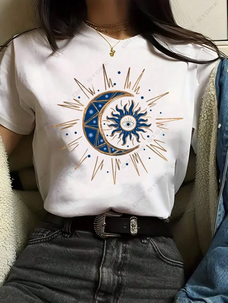 Women's Sun and Moon Totem Printed Short Sleeve Cotton T-Shirt Tops - Image 6