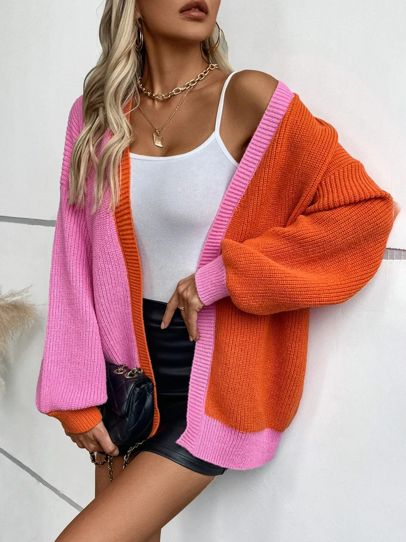 Women's Color Patchwork Loose Long Sleeve Cardigan - Image 8