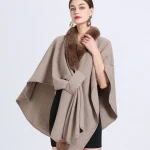 Rabbit Fur Collar Half Sleeve Poncho Women Loose Knit Cape Cardigan Coat - Image 8