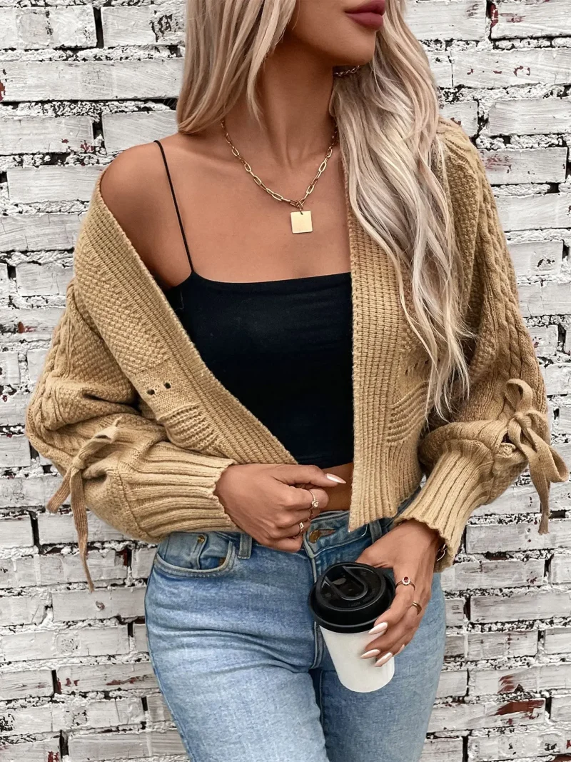 Autumn Bow Lace Up Long Sleeve Knit Short Cardigan Jacket - Image 10