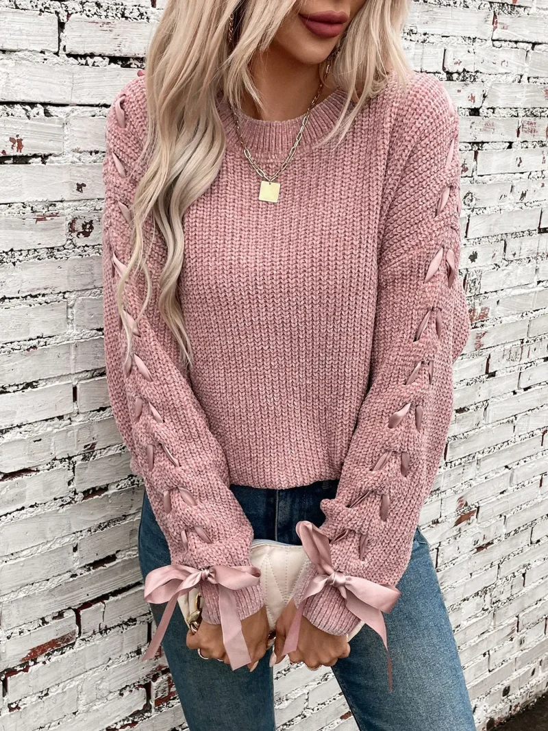 Long Sleeve Lace Up O-Neck Pullover Women 2024 - Image 9