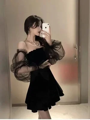 Black Tulle Women Mini Dress Korean Sweet Off Shoulder