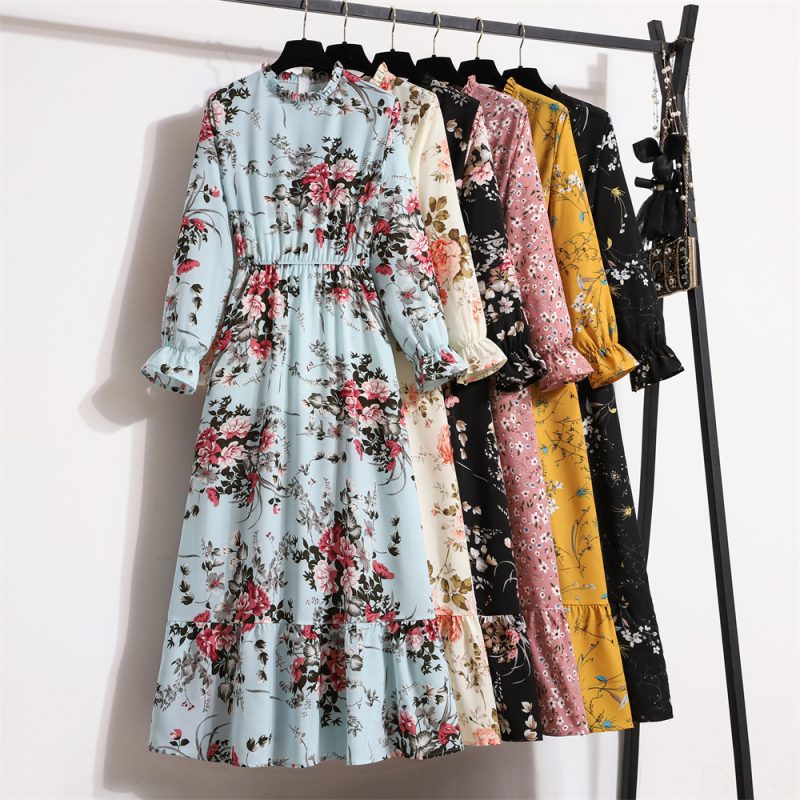Full Sleeve Vintage Printed Floral Zipper Casual Long Dress Women Maxi - Image 8
