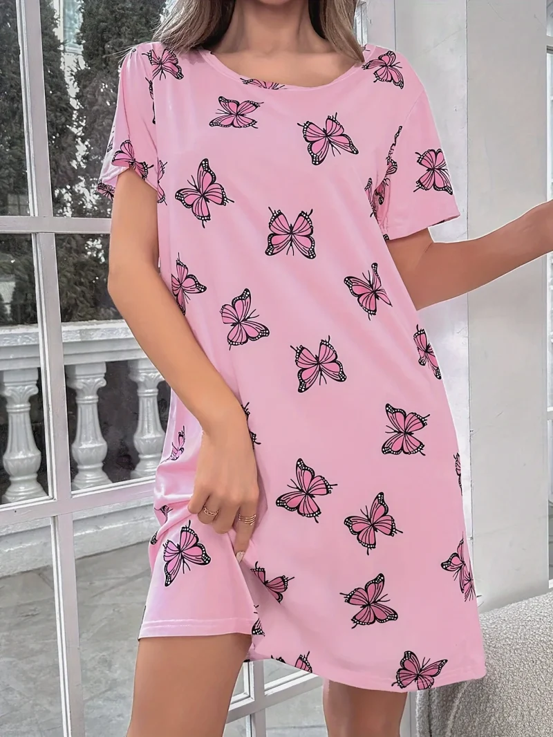 Casual Butterfly Printed Pajamas Short Sleeve Round Neck T-Shirt Dress - Image 4