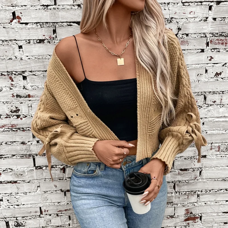 Autumn Bow Lace Up Long Sleeve Knit Short Cardigan Jacket - Image 6