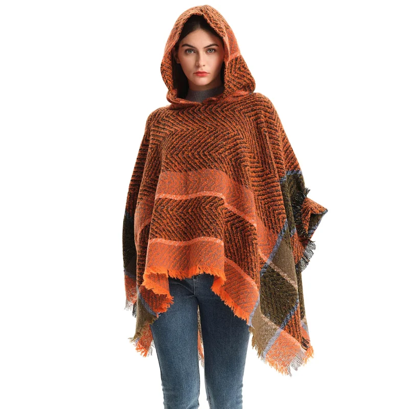 Winter Hooded Capes Women Loose Striped Poncho - Image 3