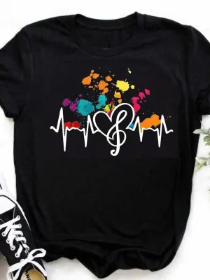 Funny Music Note Printed Short Sleeve T-shirt Fashion