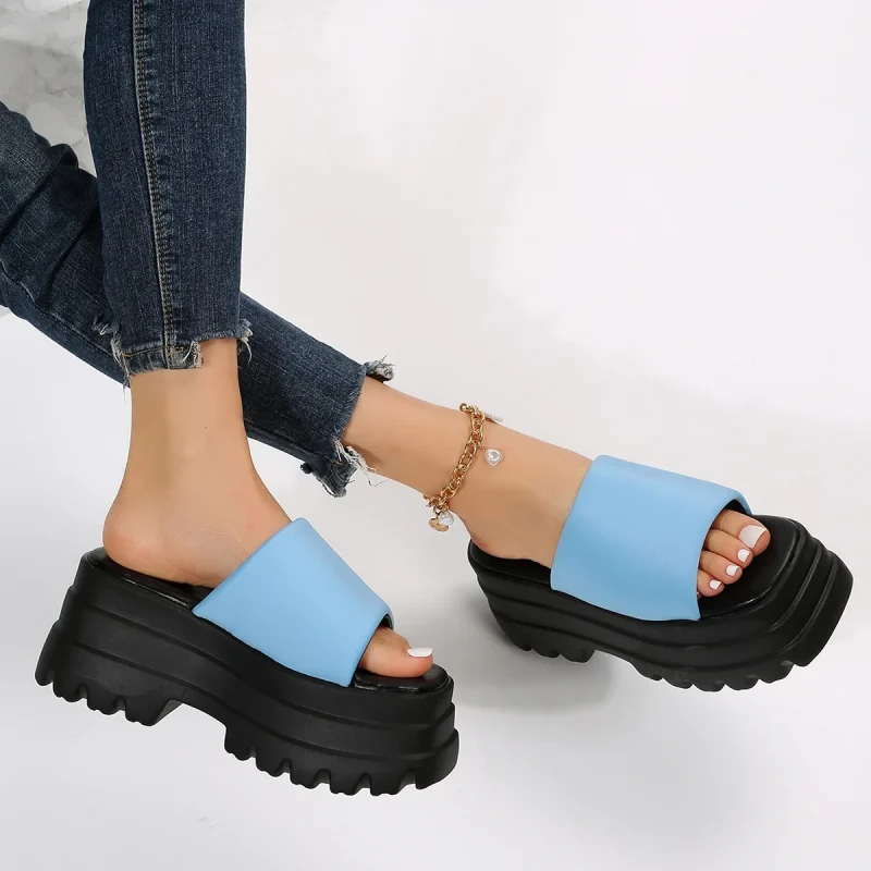 Women Single Band Platform Sandals Black Nylon Chunky Platform Wedges Slipper Sandals - Image 7
