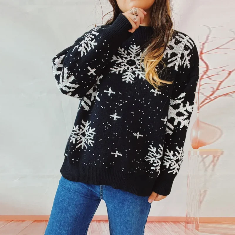 Clothes Christmas Sweater Snowflake Print O- Neck Long Sleeve Knitted - Image 4