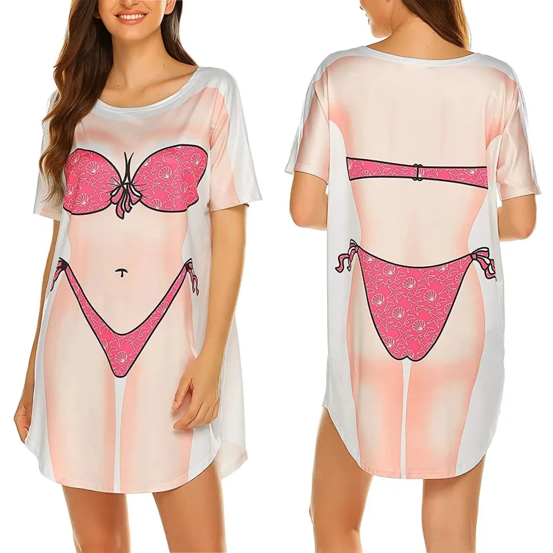 Women's Summer Fashion Dress 3D Bikini Print Round Neck Short - Image 3