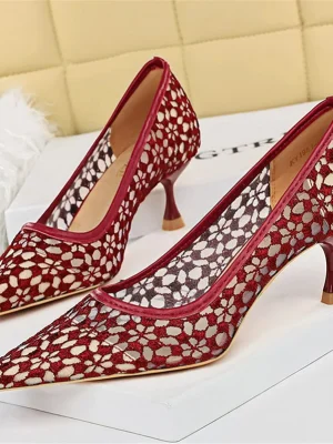 Women Fetish 5.5cm High Heels Mesh Pumps Wedding Bridal Sexy Wine Red Low Heels