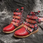 Socofy Women Boots Retro Printed Metal Buckle Soft Leather Zipper Ankle Boots - Image 2