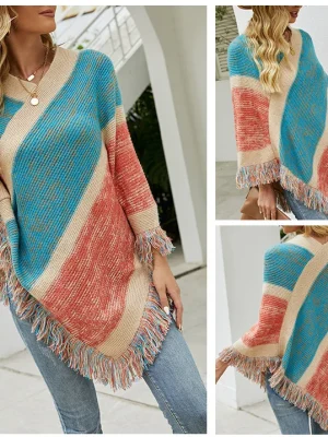 Winter Batwing Sleeve Rainbow Striped Poncho Women Fashion Sweater