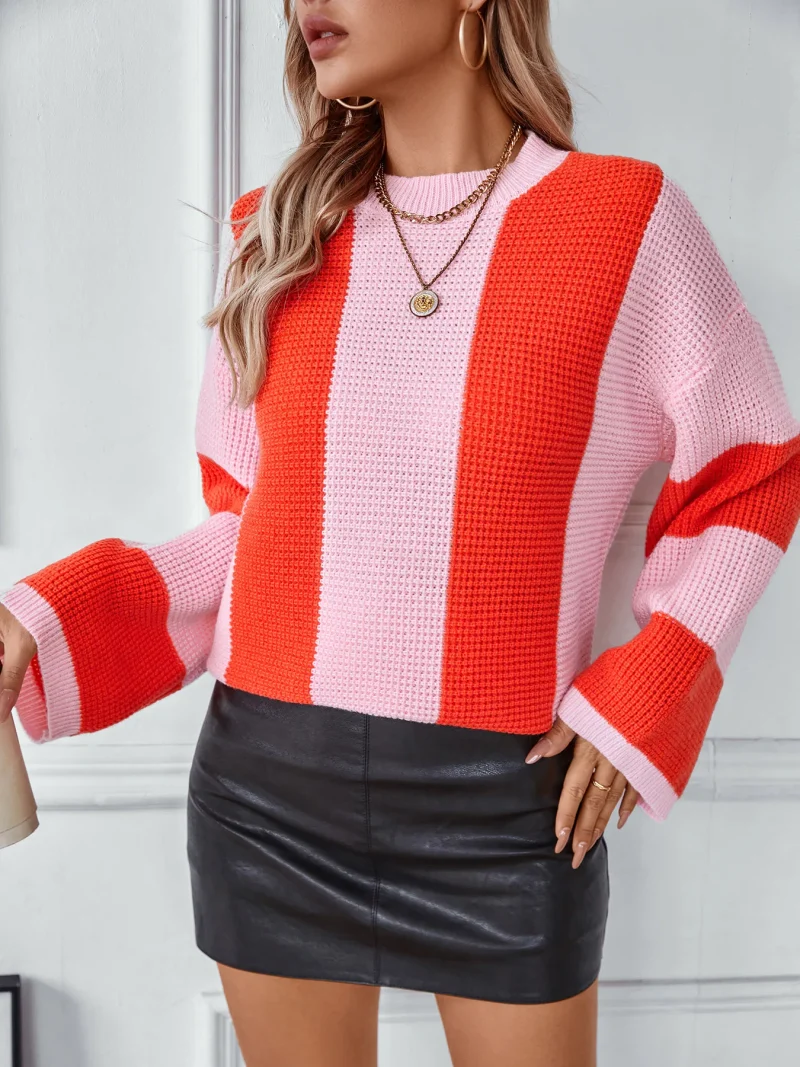 Womne's Contrast Color Striped Knitted Sweater Autumn - Image 10
