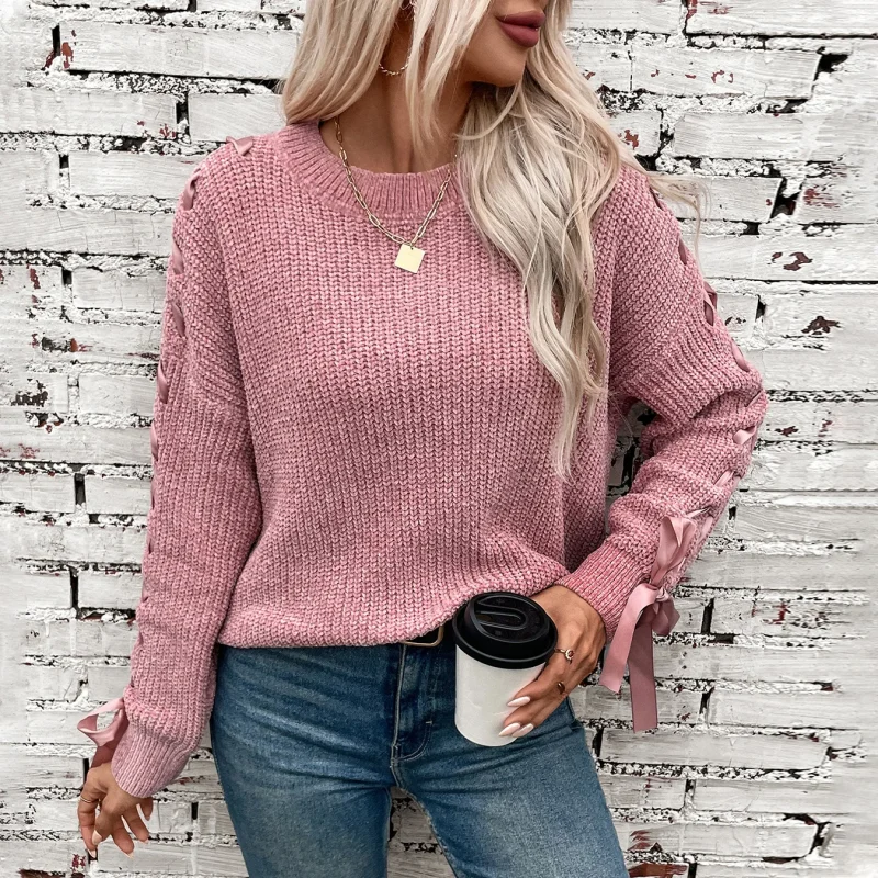 Long Sleeve Lace Up O-Neck Pullover Women 2024 - Image 6
