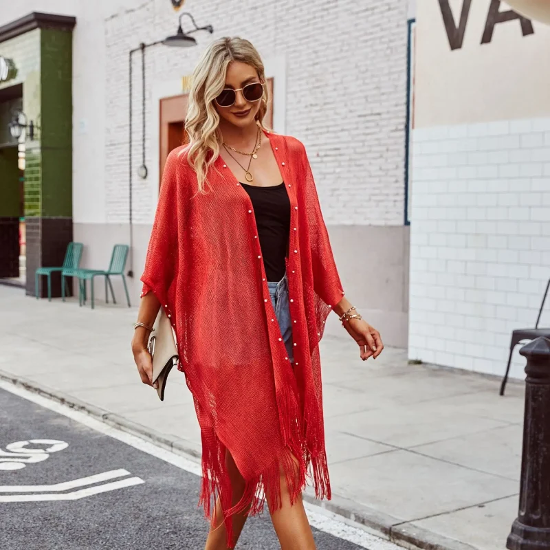 Summer Cardigan Kimono Cape Women 2023 Tassel Hollow Out Knitwear - Image 21