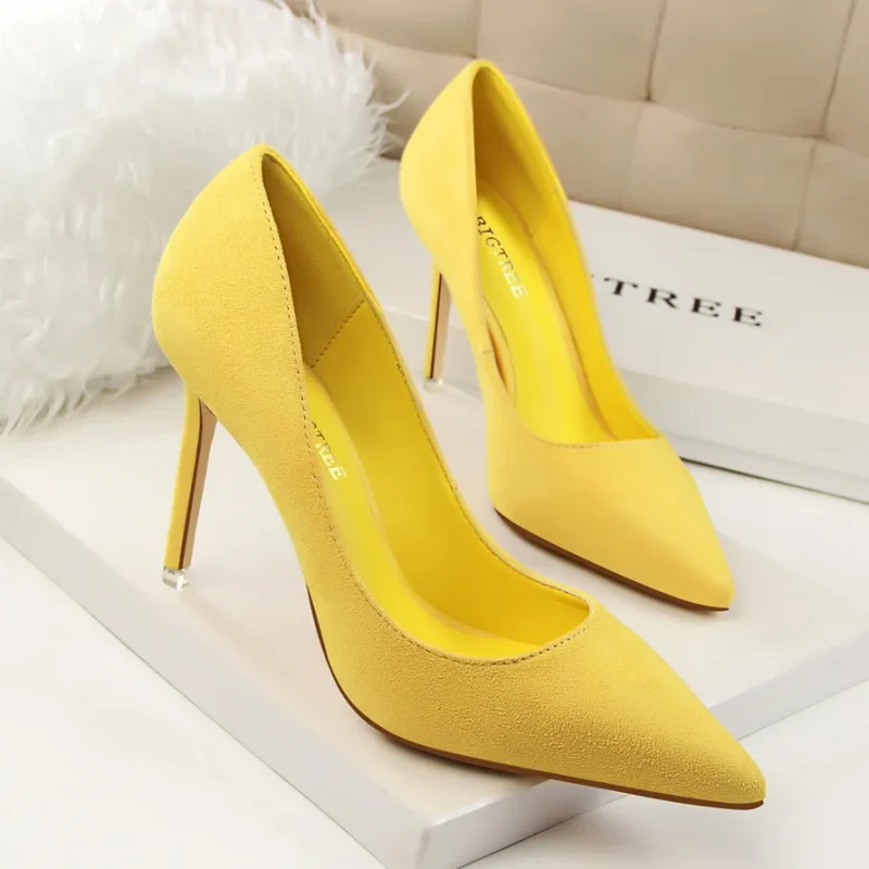 Women 9cm High Heels Yellow Burgundy Pumps - Image 18