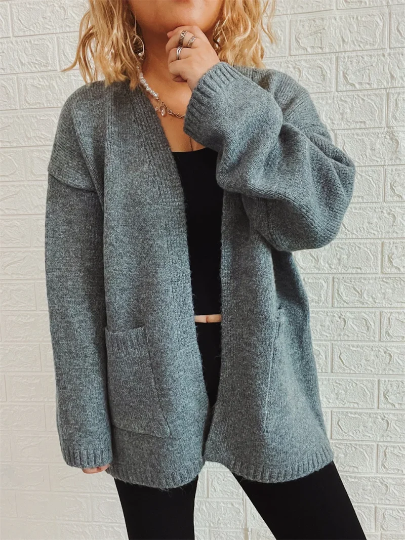 Long Sleeve Pockets Sweater Coat Womens Clothing - Image 9