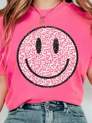 Cute Smile Print T Shirt Casual Short Sleeve Round Neck Top Women’s