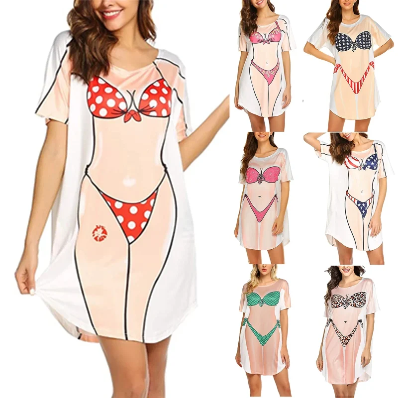 Women's Summer Fashion Dress 3D Bikini Print Round Neck Short - Image 2