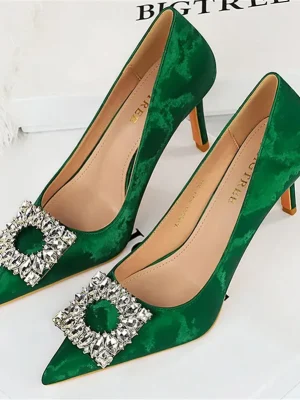 Women 8cm High Heels Hollow Green Pumps Lady Rhinestone Crystal