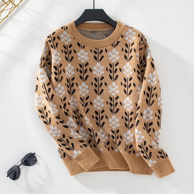 Winter Cloth Women Floral Knitted O-Neck Pulovers Fashion Long Sleeve - Image 3