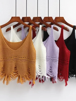 Summer Knitwear Women Fashion Tassel Cut Out Knit Top