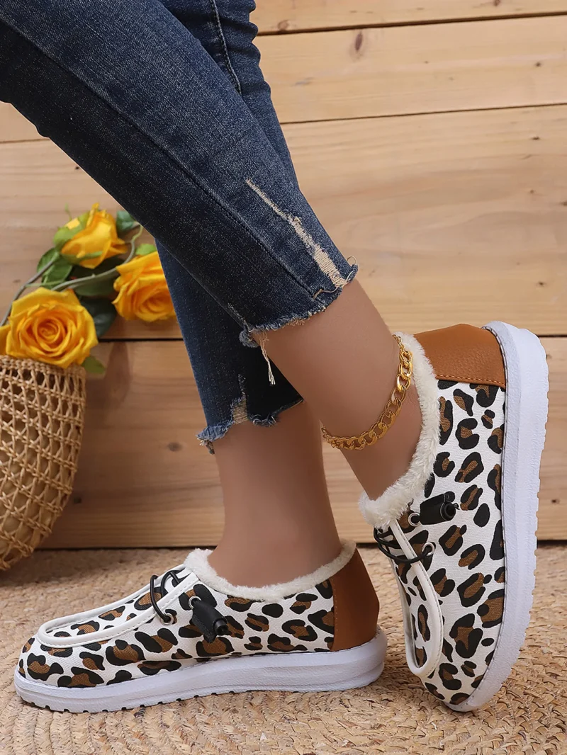 Women Fluffy Fur Snow Boots Women Autumn Winter Leopard Print Flat - Image 6