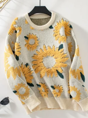 Sunflower Embroidered O-Neck Pullovers Women Long Sleeve Knitted Floral Sweaters