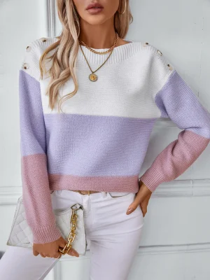 Contrast Color Slash Neck Button Pullovers Women Fashion