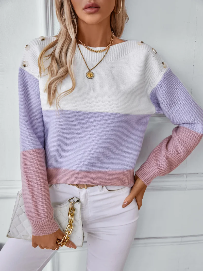 Contrast Color Slash Neck Button Pullovers Women Fashion