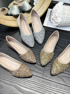 Women Spring Summer Shiny Crystal Shallow Loafers Lightweight Non-slip