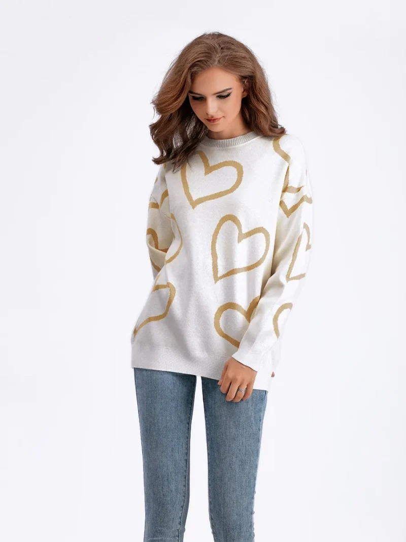 Heart Print O-Neck Pullovers Women Long Sleeve Loose Knitted Sweaters - Image 11