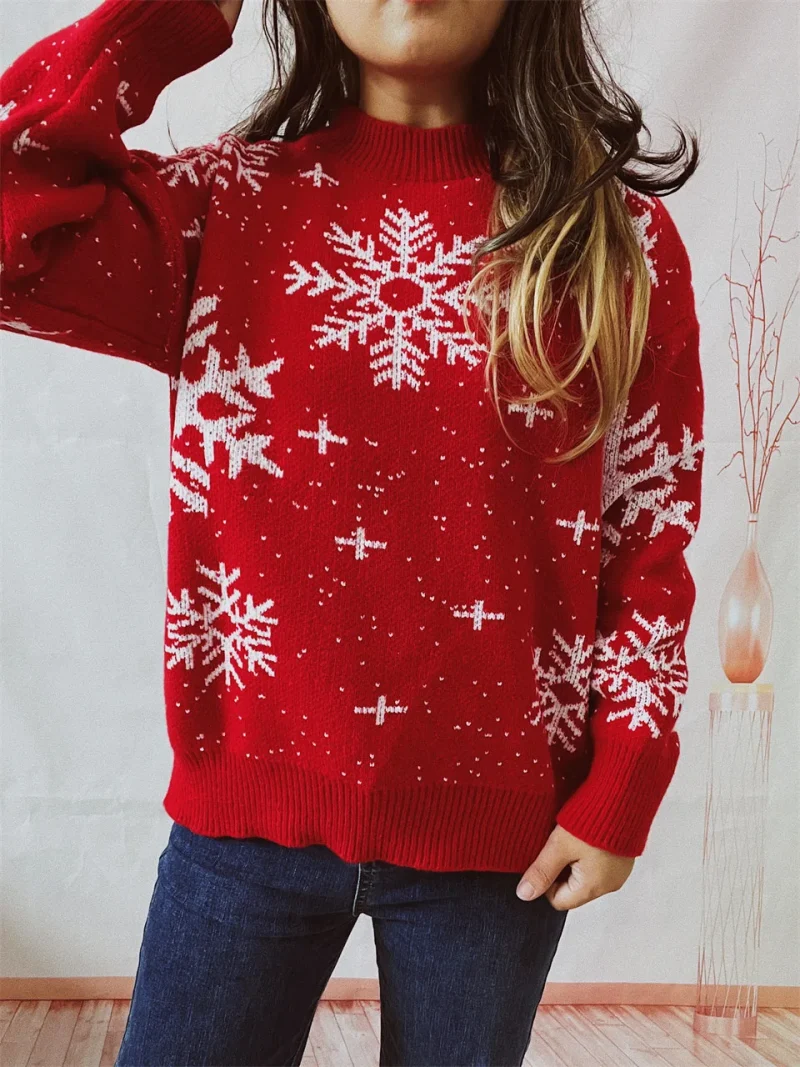 Clothes Christmas Sweater Snowflake Print O- Neck Long Sleeve Knitted - Image 7