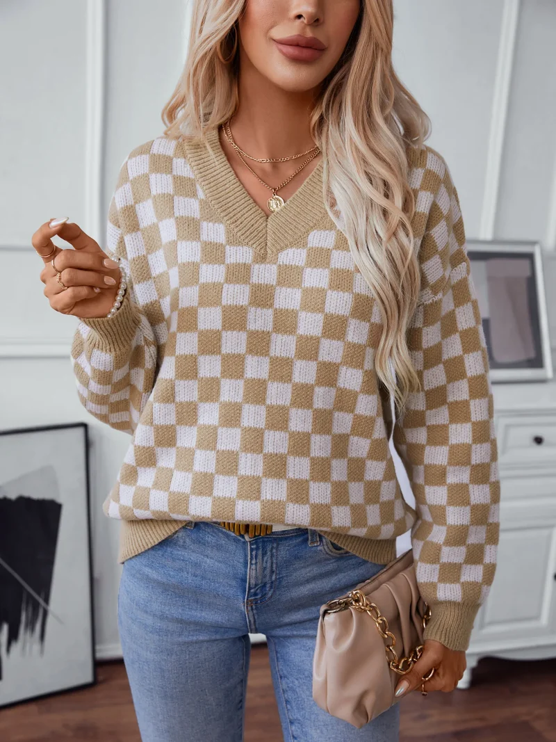 Autumn Winter Cloth Women's V-Neck Long Sleeve Plaid Sweaters - Image 9