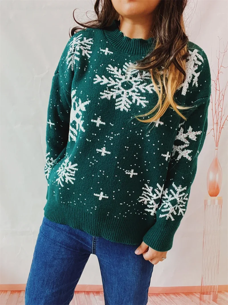 Clothes Christmas Sweater Snowflake Print O- Neck Long Sleeve Knitted - Image 10
