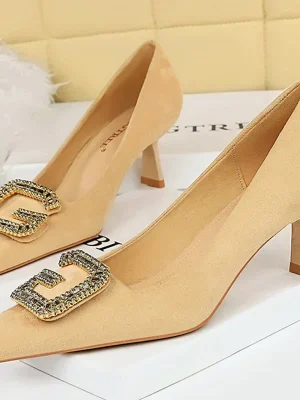 Western Style Fashion Women 6cm High Heels Pumps Square Toe Flock Metal Crystal