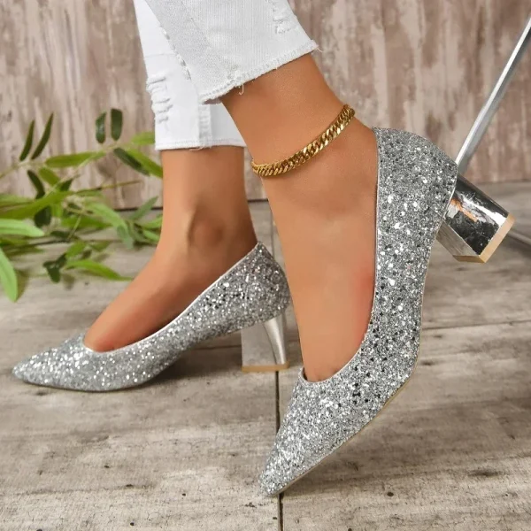 Fashion Large Heel Single Shoes Wearing Sequin Face Pointed Toe - Image 7