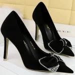 Korean Version Party 9cm High Heels Rhinestone Bow Black Red Pointed Toe - Image 11
