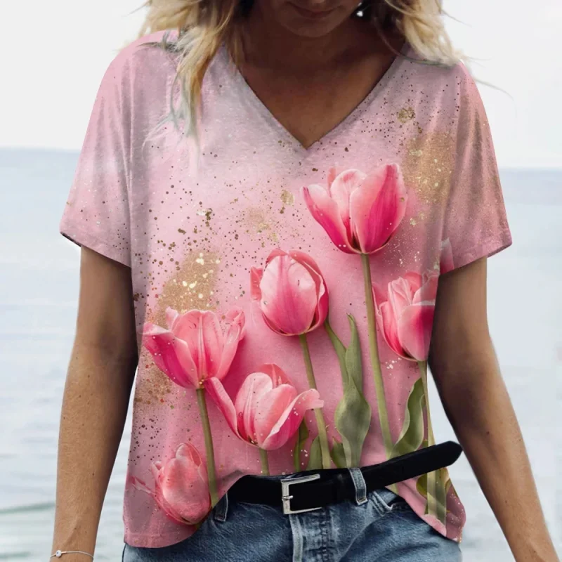 Fashion Tulip 3D Printed Women's T-shirt Summer Casual Flower V-neck Shirt - Image 4