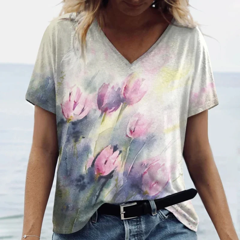 Fashion Tulip 3D Printed Women's T-shirt Summer Casual Flower V-neck Shirt - Image 5