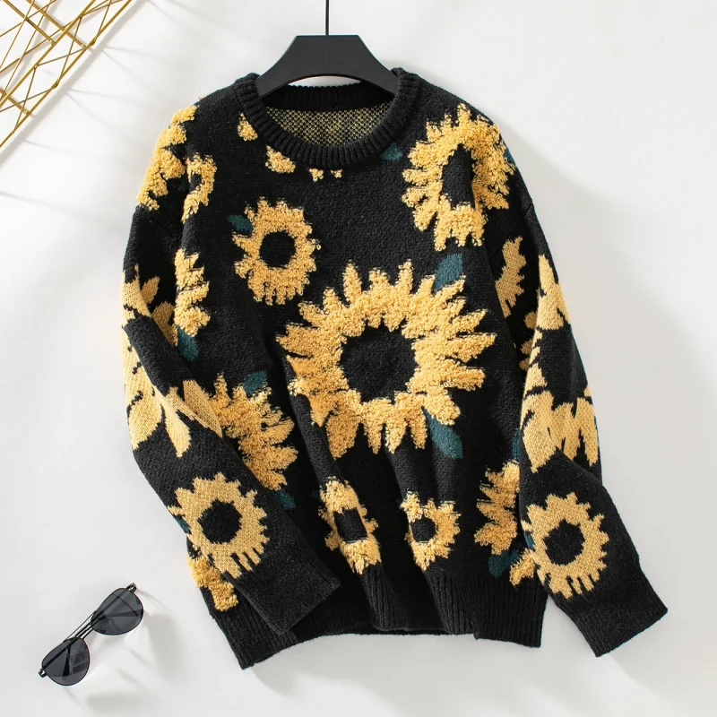 Sunflower Embroidered O-Neck Pullovers Women Long Sleeve Knitted Floral Sweaters - Image 11