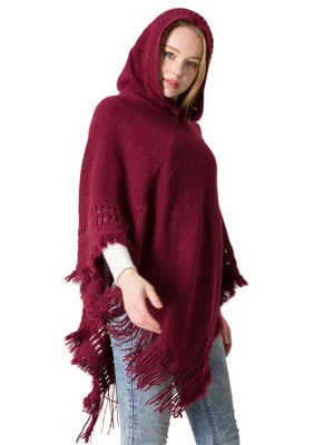 Winter Knitted Hooded Solid Color Pullover Sweater Poncho Women